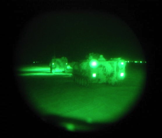 Night vision scope image during a patrol by Members of Operational Detachment Thunder, First Armored Division, First Brigade Combat Team, 1/37 Armored Battalion